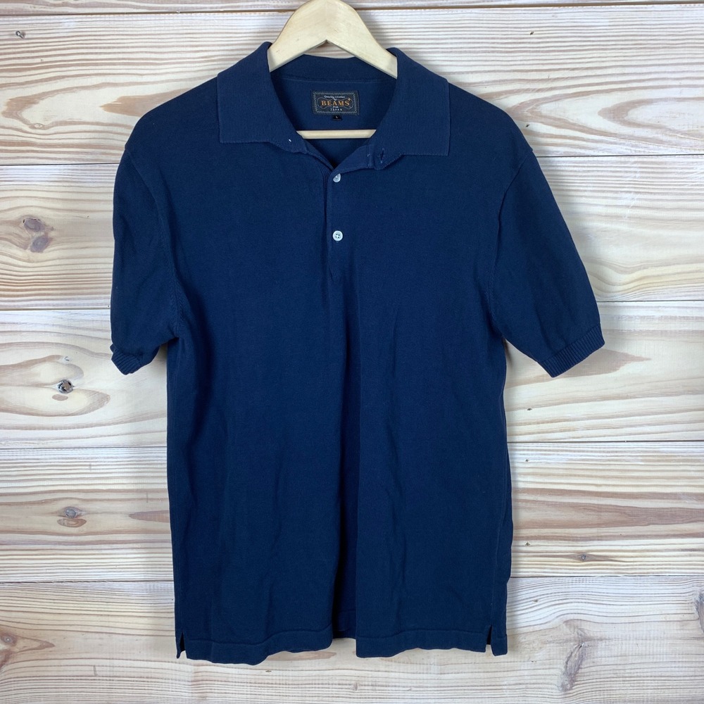 Beams Plus Japan Polo Shirt Mens L Navy Sweater Knit Cotton Short Sleeve Preppy